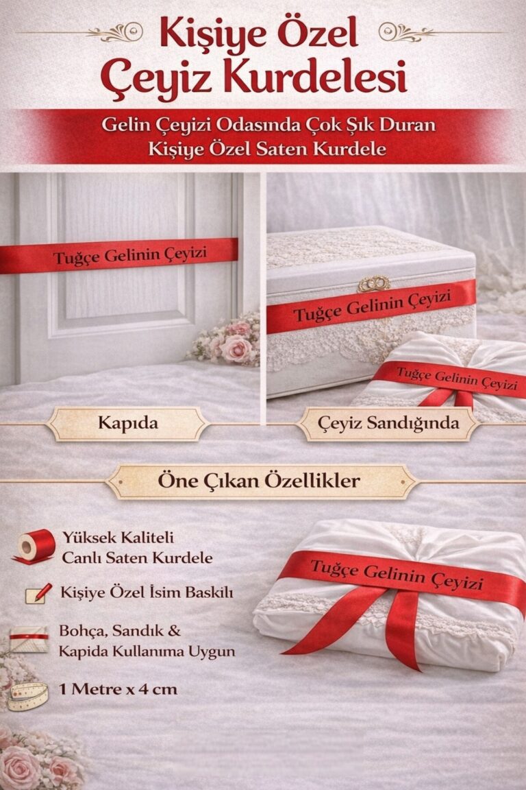 Kişiye Özel Çeyiz Kurdelesi – Gelin Çeyizi Odası Süsü – İsimli Kırmızı Saten Kurdele - Görsel 2