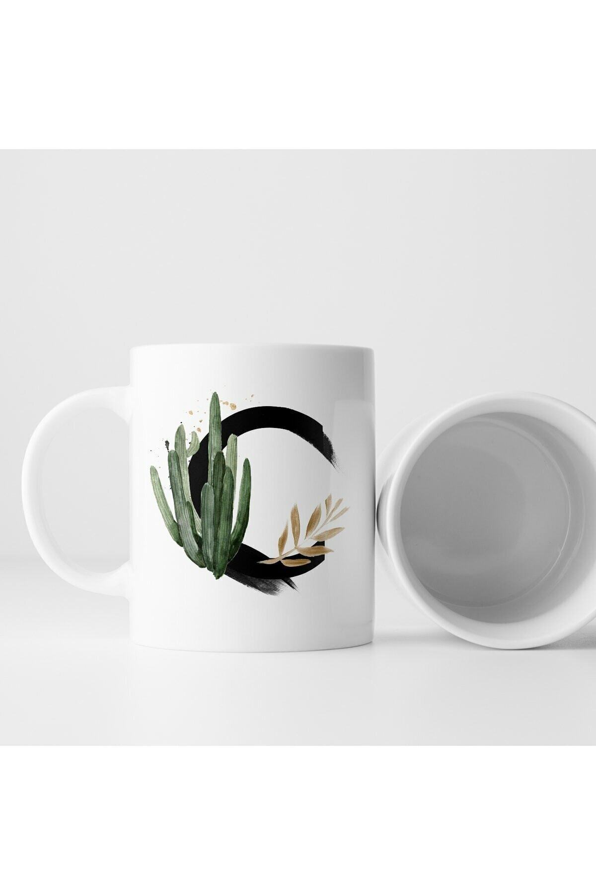 1_org_zoom-1019.jpg C Baş Harf Baskılı Şık Yapraklar Hediyelik Porselen Kupa - Görsel 1