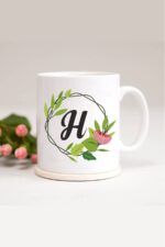 H Harfli Yaprak Çerçeveli Baskılı Kupa Bardak