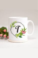 T Harfli Yaprak Çerçeveli Baskılı Kupa Bardak