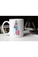 Özel Tasarım Pembe Valizli Kız Baskılı Beyaz Kupa Bardak Tfkr