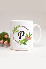 P Harfli Yaprak Çerçeveli Baskılı Kupa Bardak