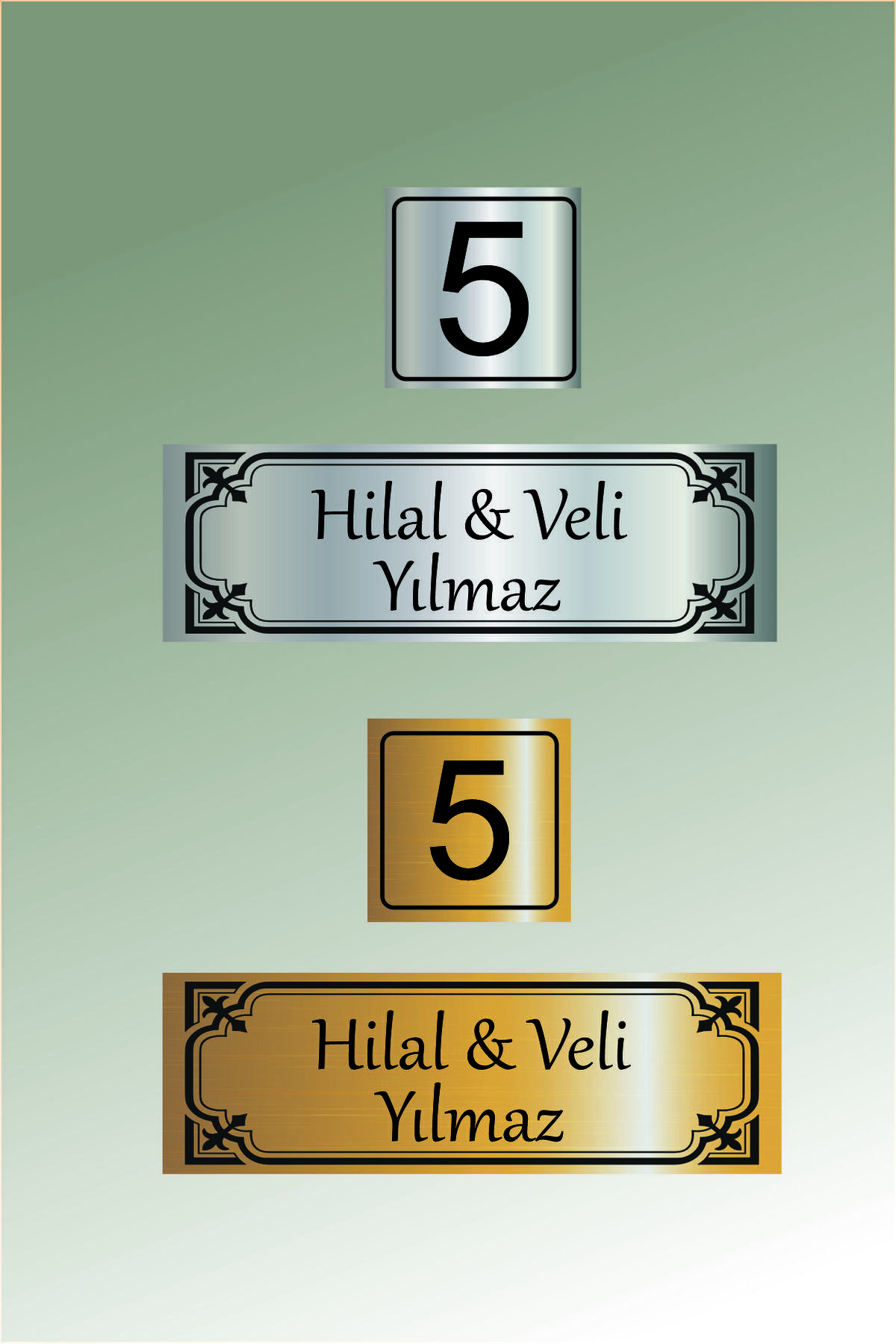 1_org_zoom-117.jpg Metal Kapı isimliği ve Numarası - Altın ve Gümüş Renk Seçenekli (15x5 cm & 5x5 cm) - Görsel 1