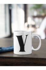 Y Harfi Siyah Baskılı Kupa Beyaz Porselen