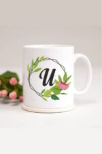 U Harfli Yaprak Çerçeveli Baskılı Kupa Bardak