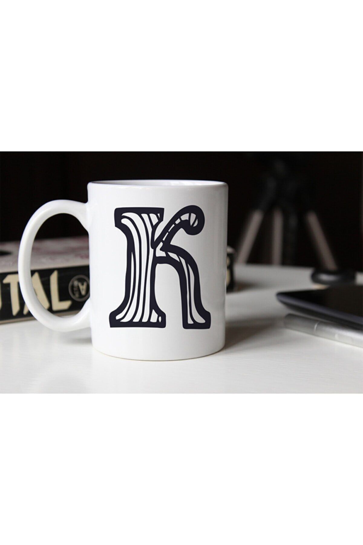 1_org_zoom-1404.jpg Siyah Beyaz Çizgili K Harfli Porselen Kupa Tfsbh-013 - Görsel 1