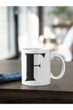 F Harfi Siyah Baskılı Kupa Beyaz Porselen