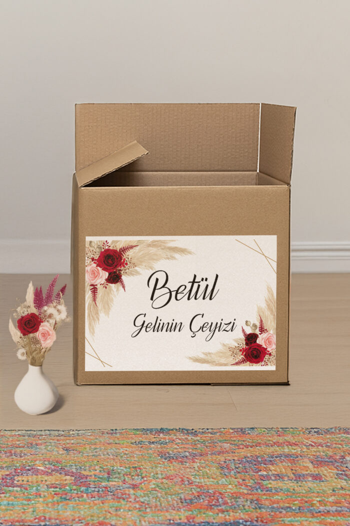 Kırmızı Gül ve Pampas Desenli Çeyiz Etiketi - Görsel 2