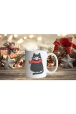 Yılbaşı Özel Tasarım - Yılbaşı Kedisi Basklı Beyaz Kupa Bardak-003 Tfcr