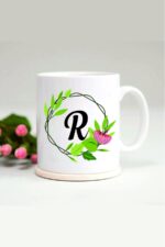 R Harfli Yaprak Çerçeveli Baskılı Kupa Bardak