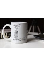 Özel Tasarım Siyah-beyaz Çiçekli L Harfi Baskılı Porselen Kupa Tfs
