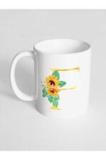 F Harfi Baskılı Çiçek Desenli Dekoratif - Baş Harf Baskılı Kupa Bardak