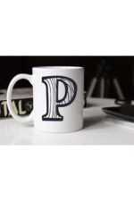 Siyah Beyaz Çizgili P Harfli Porselen Kupa Tfsbh-019