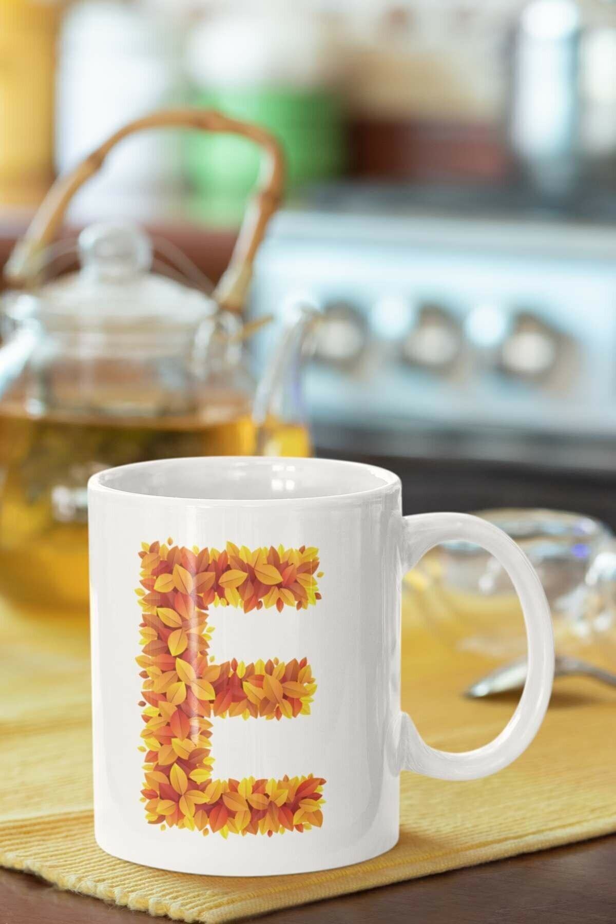 1_org_zoom-1579.jpg Beyaz Sarı Yapraklı E Harfi Baskılı Porselen Kupa - Görsel 1