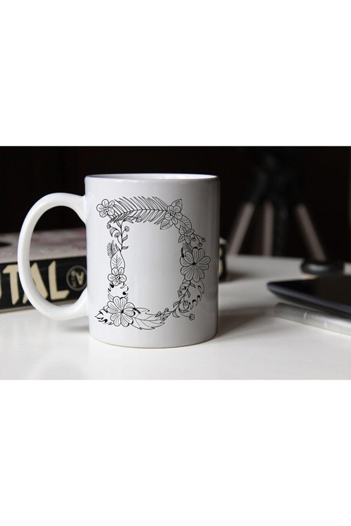 1_org_zoom-1590.jpg Özel Tasarım Siyah-beyaz Çiçekli D Harfi Baskılı Porselen Kupa Tfs - Görsel 1