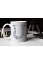 Özel Tasarım Siyah Beyaz Çiçekli U Harfi Baskılı Porselen Kupa Tfs