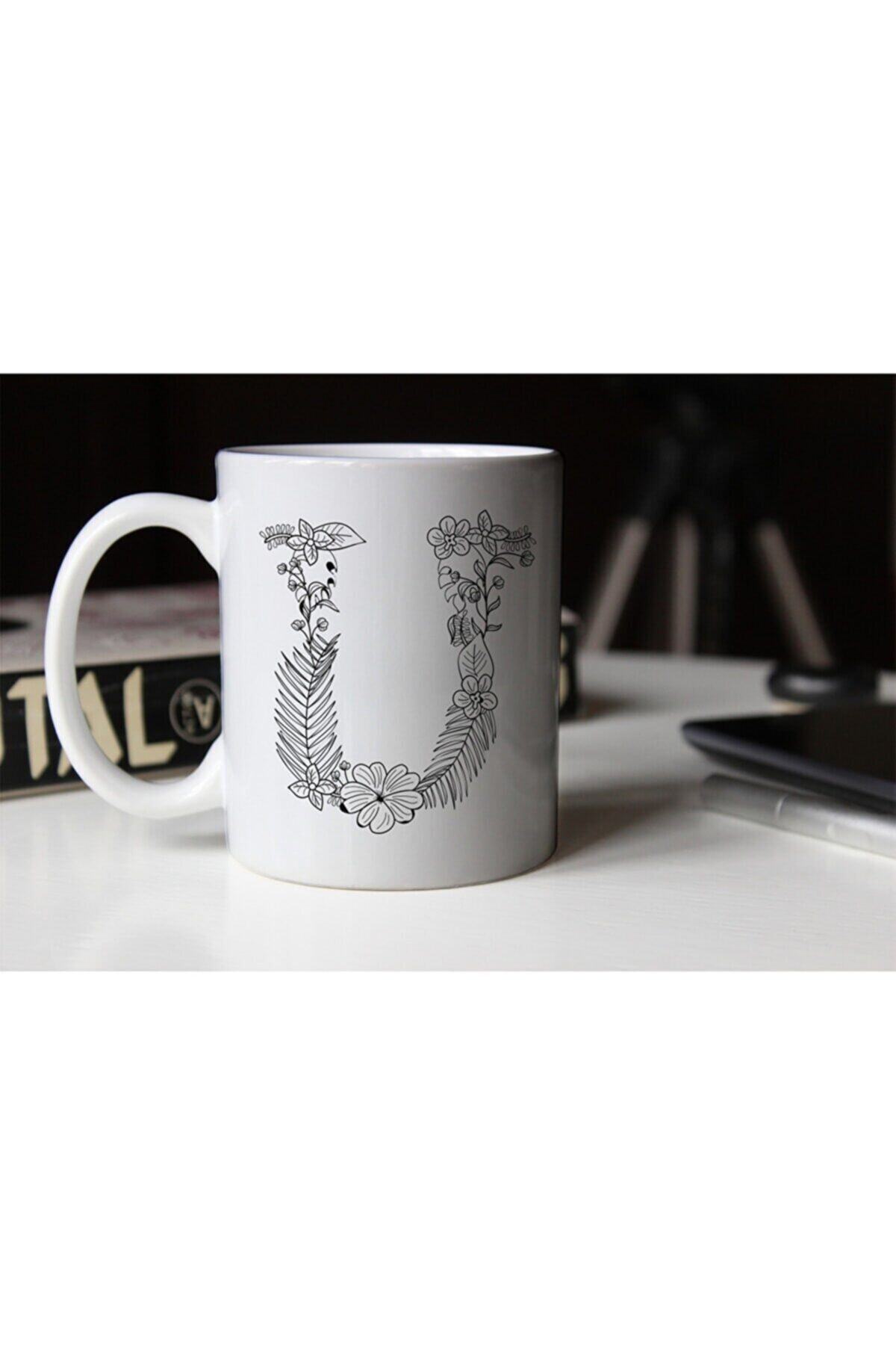 1_org_zoom-1725.jpg Özel Tasarım Siyah Beyaz Çiçekli U Harfi Baskılı Porselen Kupa Tfs - Görsel 1