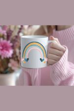 Boho Tarzı Tasarlanmış Gökkuşağı Temalı Porselen Kupa