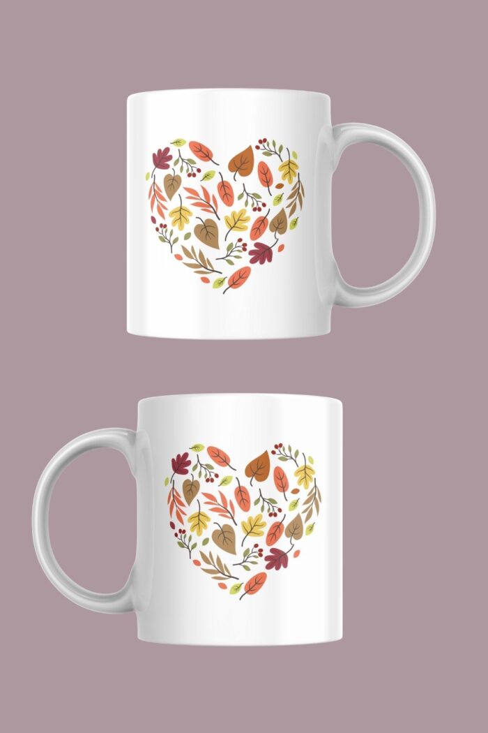 Sonbaharın Büyüsünü Yansıtan Yaprak Kalp Temalı Porselen Kupa - Görsel 2