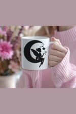 Ay Üzerinde Oturan Peri Silüeti Temalı Porselen Kupa