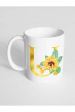 U Harfi Baskılı Çiçek Desenli Dekoratif Baş Harf Baskılı Kupa Bardak