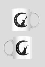 Ay Üzerinde Oturan Kedi Silüeti Temalı Porselen Kupa - Görsel 2