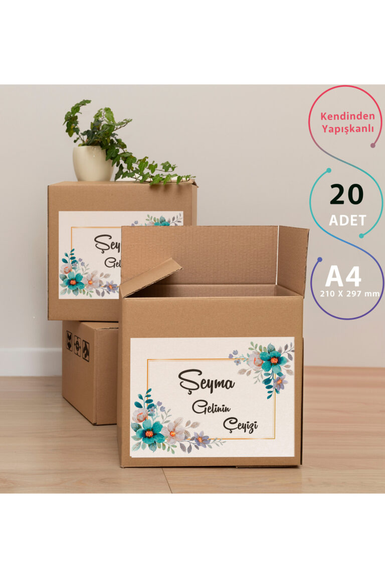 Çeyiz Kutusu Etiketleri - A4 ve Kişiye Özel * Mavi Çiçekli - Görsel 2