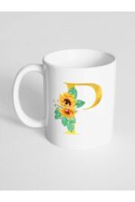 P Harfi Baskılı Çiçek Desenli Dekoratif Baş Harf Baskılı Kupa Bardak