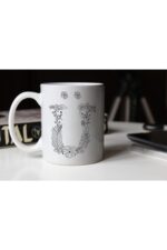 Özel Tasarım Siyah-beyaz Çiçekli Ü Harfi Baskılı Porselen Kupa Tfs