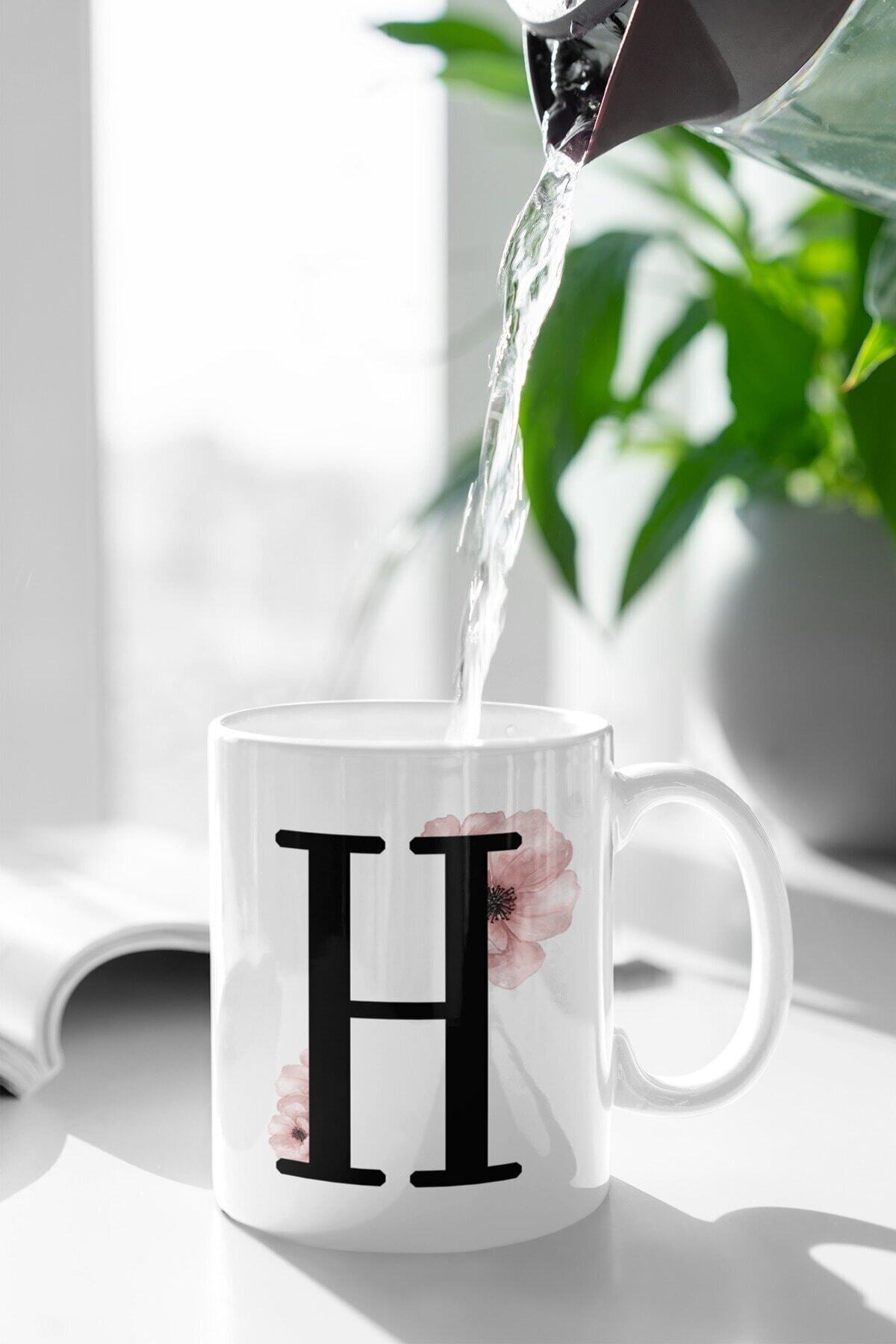 1_org_zoom-2099.jpg H Harfi Pembe Çiçek Baskılı Kupa Beyaz - Görsel 1