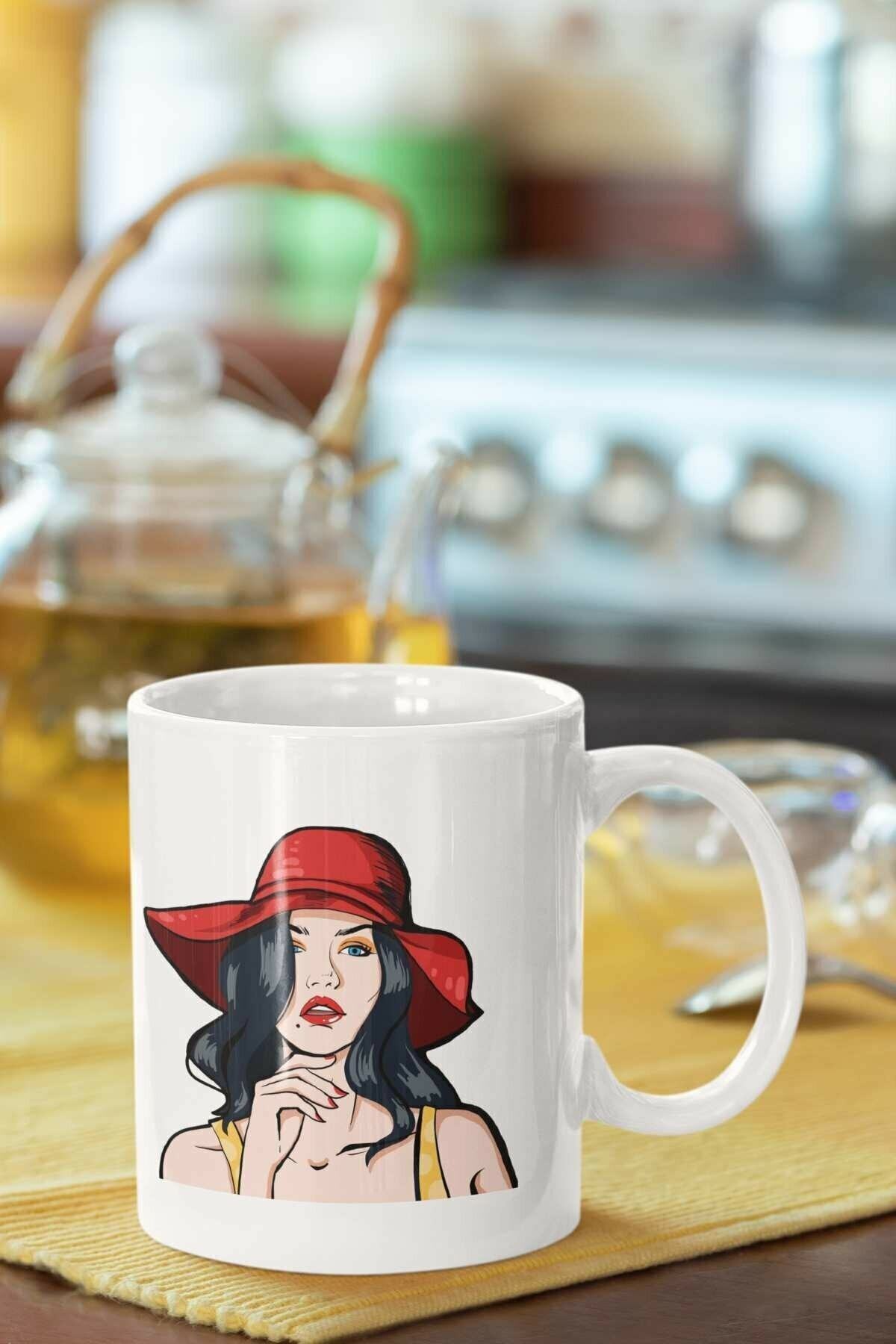 1_org_zoom-2116.jpg Kırmızı Fötr Şapkalı Kız Baskılı Porselen Kupa Bardak - Görsel 1