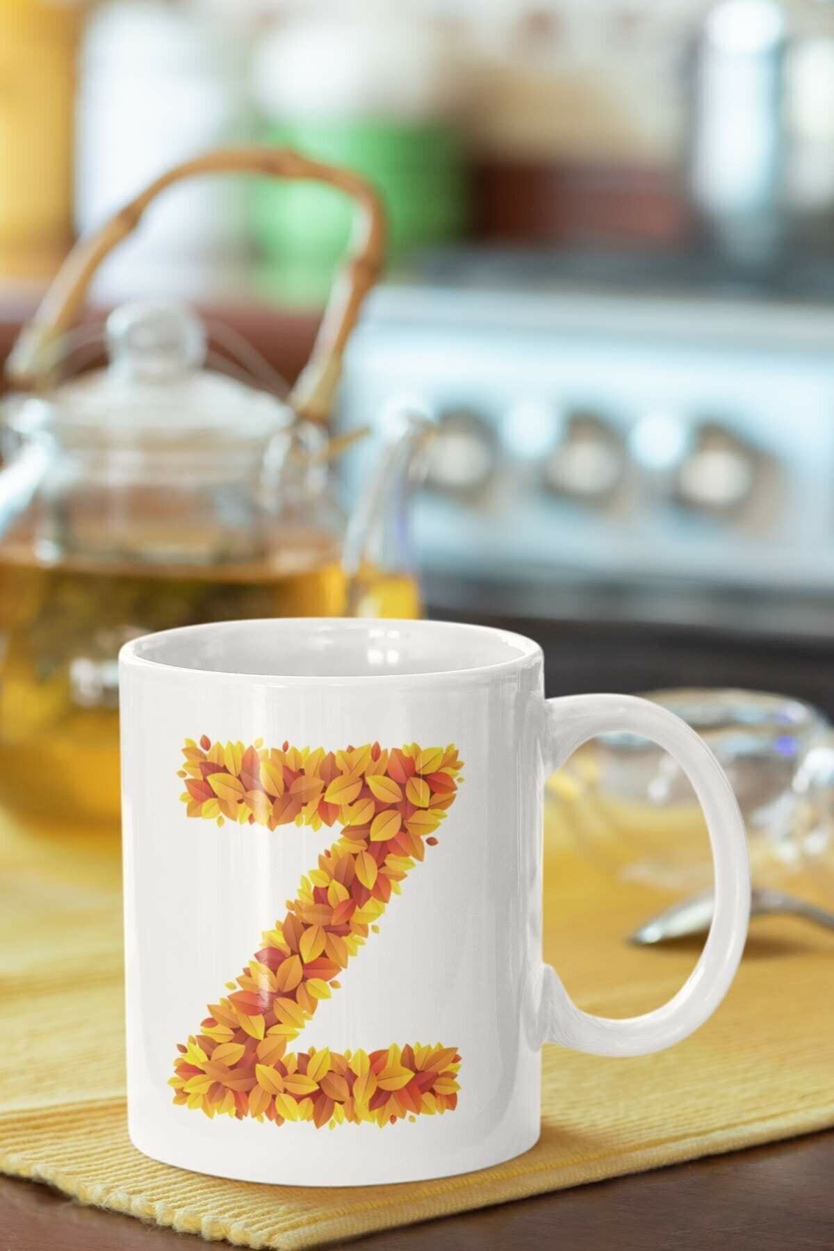 1_org_zoom-2138.jpg Beyaz Sarı Yapraklı Z Harfi Baskılı Porselen Kupa Bardak - Görsel 1