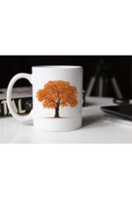 Özel Tasarım Sonbahar Temalı Yapraklarını Döken Ağaç Baskılı Porselen Kupa Tfkv