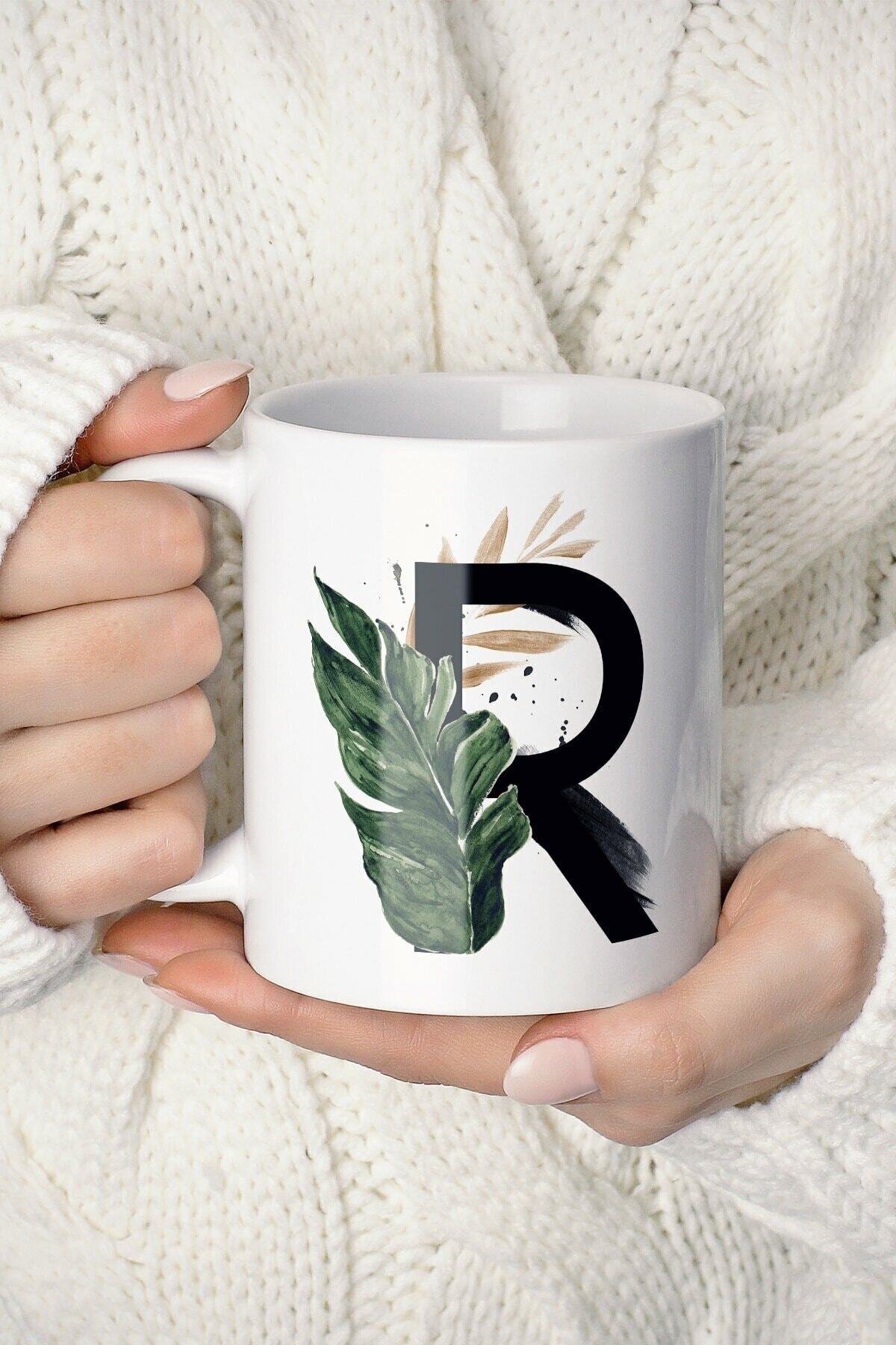 1_org_zoom-2204.jpg R Harf Baskılı Tropikal Koleksiyon Porselen Kupa Bardak - Görsel 1