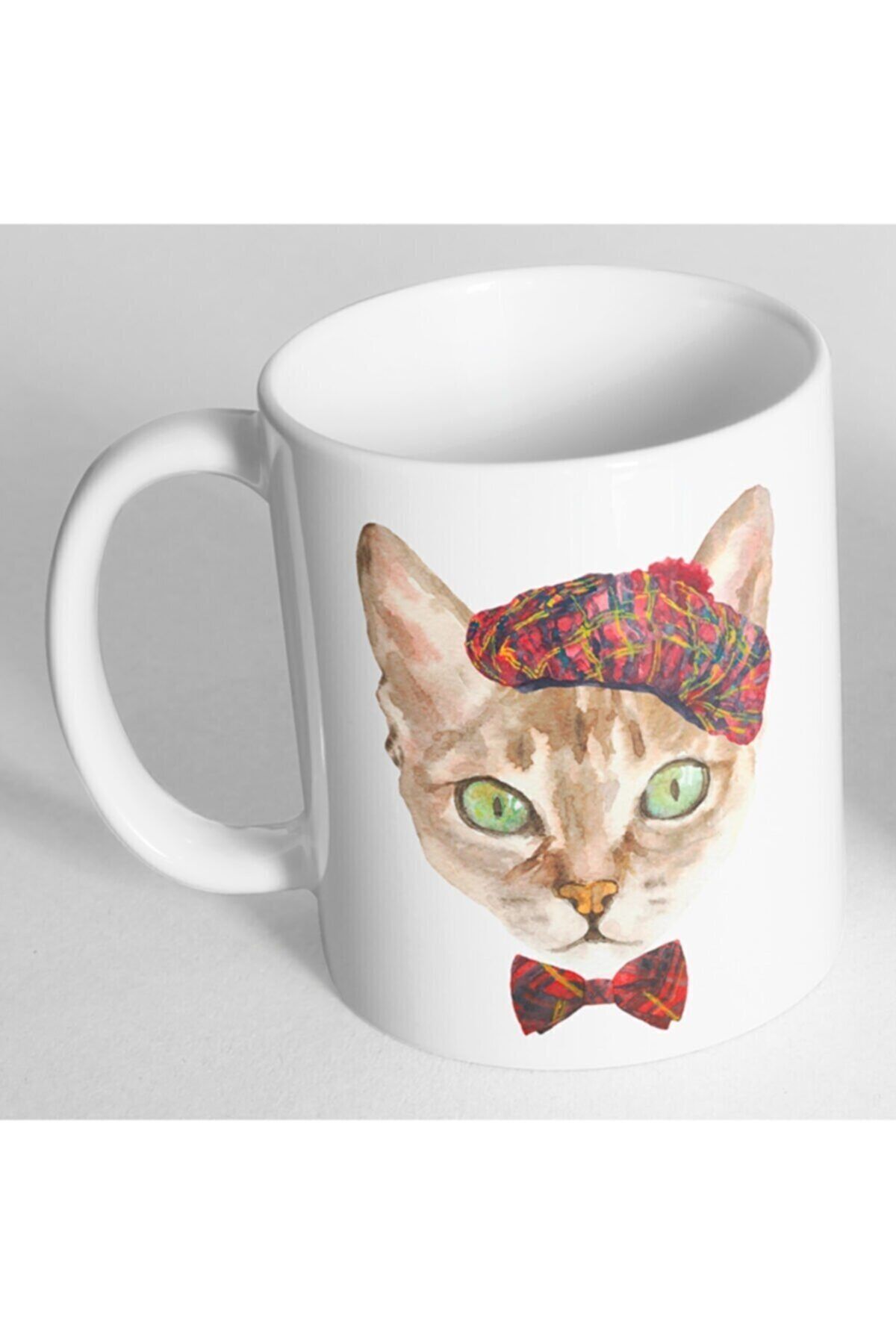 1_org_zoom-2218.jpg Kırmızı Şapkalı Fularlı Kedi Baskılı Kupa Bardak - Görsel 1