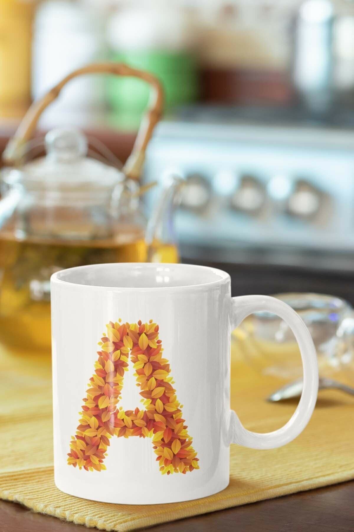 1_org_zoom-2251.jpg Beyaz Sarı Yapraklı A Harfi Baskılı Porselen Kupa Bardak - Görsel 1