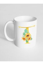 T Harfi Baskılı Çiçek Desenli Dekoratif - Baş Harf Baskılı Kupa Bardak