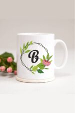 Beyaz B Harfli Yaprak Çerçeveli Baskılı Kupa Bardak