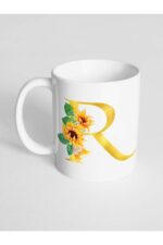 R Harfi Baskılı Çiçek Desenli Dekoratif - Baş Harf Baskılı Kupa Bardak