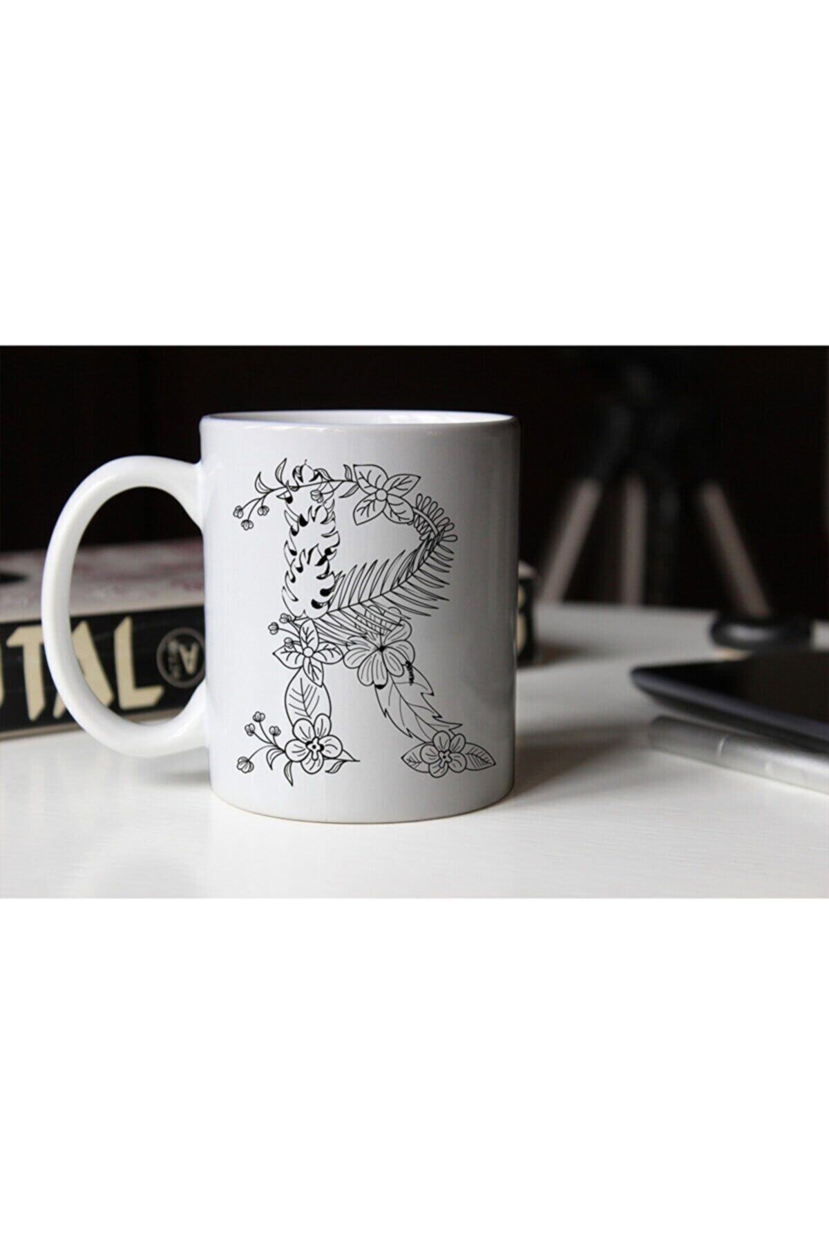 1_org_zoom-2518.jpg Özel Tasarım Siyah Beyaz Çiçekli R Harfi Baskılı Porselen Kupa Tfs - Görsel 1