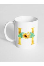 H Harfi Baskılı Çiçek Desenli Dekoratif Baş Harf Baskılı Kupa Bardak