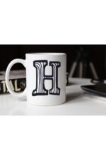 Siyah Beyaz Çizgili H Harfli Porselen Kupa Tfsbh-009