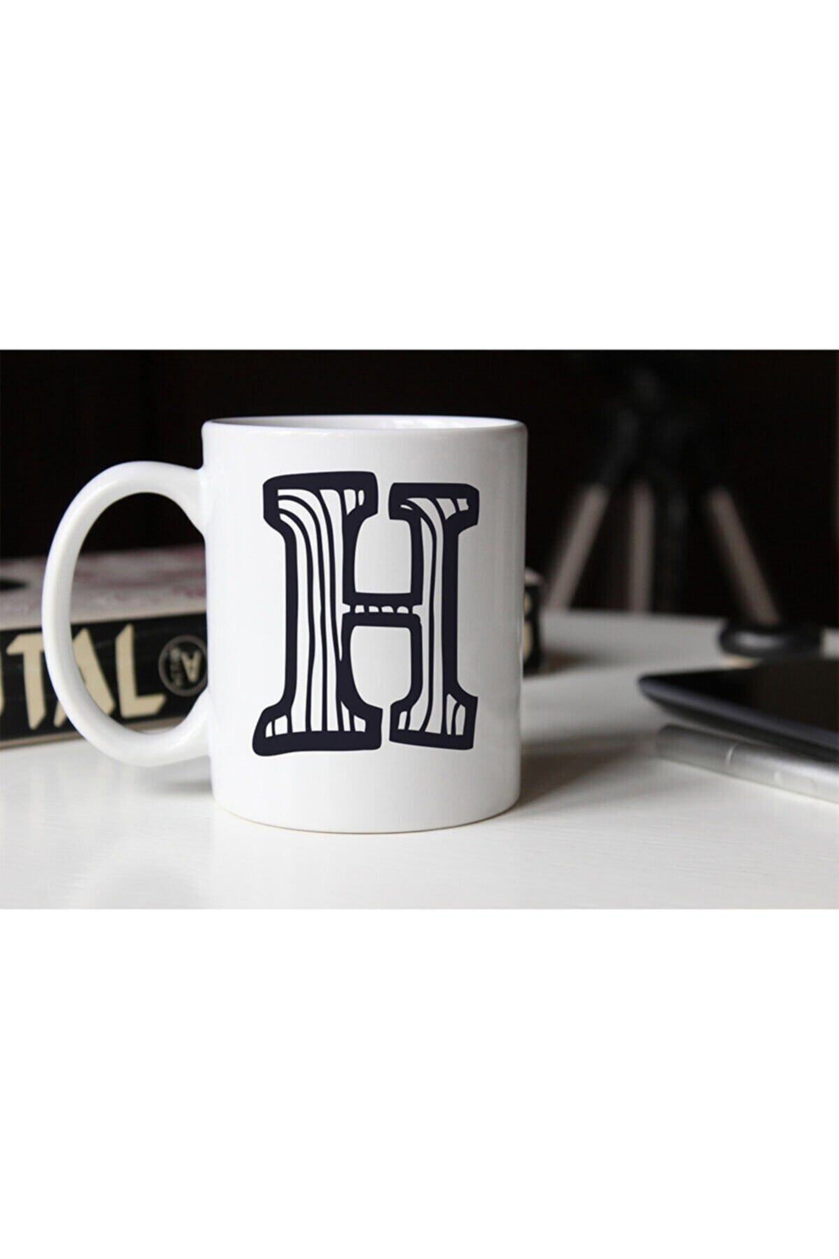 1_org_zoom-2604.jpg Siyah Beyaz Çizgili H Harfli Porselen Kupa Tfsbh-009 - Görsel 1