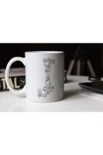 Özel Tasarım Siyah Beyaz Çiçekli J Harfi Baskılı Porselen Kupa Tfs
