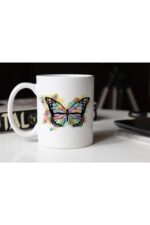 Renkli Kelebek Temalı Beyaz Porselen Kupa Tfspr-28