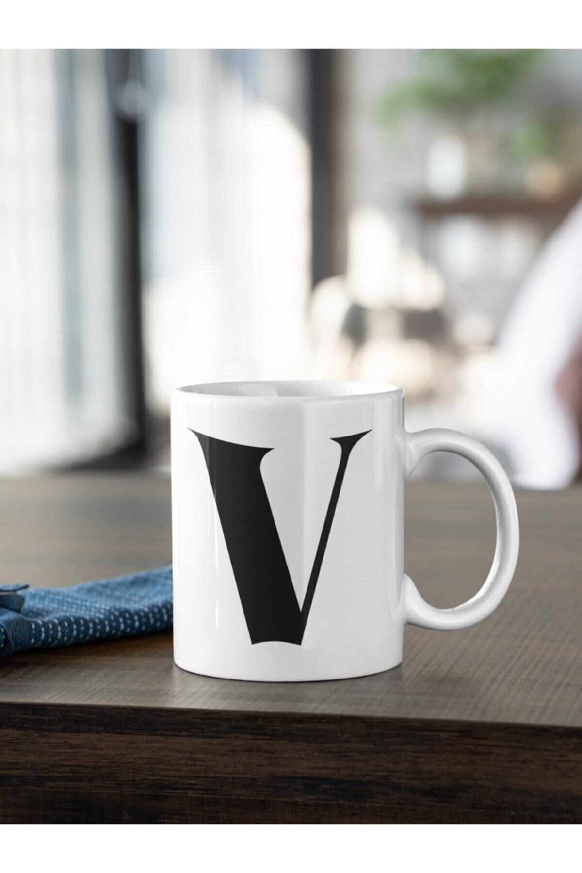 1_org_zoom-2614.jpg V Harfi Siyah Baskılı Kupa Beyaz Porselen - Görsel 1
