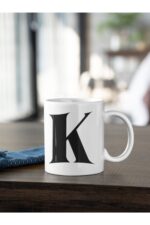 K Harfi Siyah Baskılı Kupa Beyaz Porselen