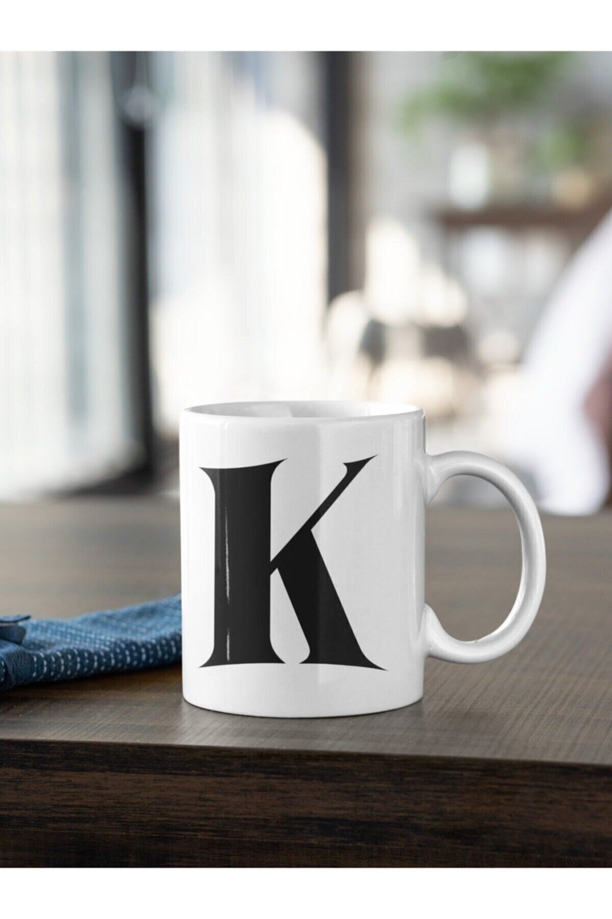 1_org_zoom-2643.jpg K Harfi Siyah Baskılı Kupa Beyaz Porselen - Görsel 1