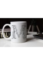 Özel Tasarım Siyah-beyaz Çiçekli M Harfi Baskılı Porselen Kupa Tfs