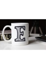 Siyah Beyaz Çizgili E Harfli Porselen Kupa Tfsbh-006